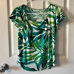 NY & Company Square Neck Top (White/Green, Tropical)